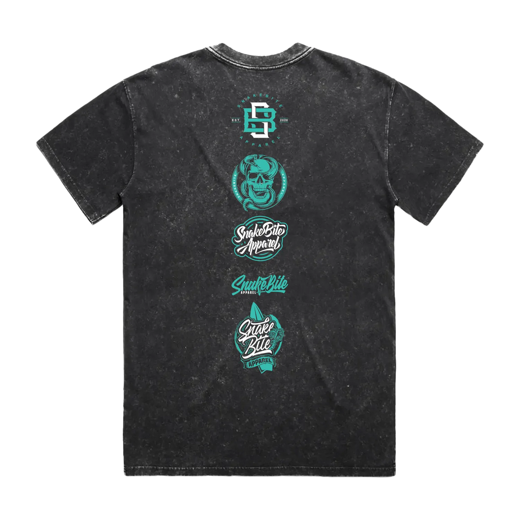 Black t-shirt with teal graphics and text on a white background