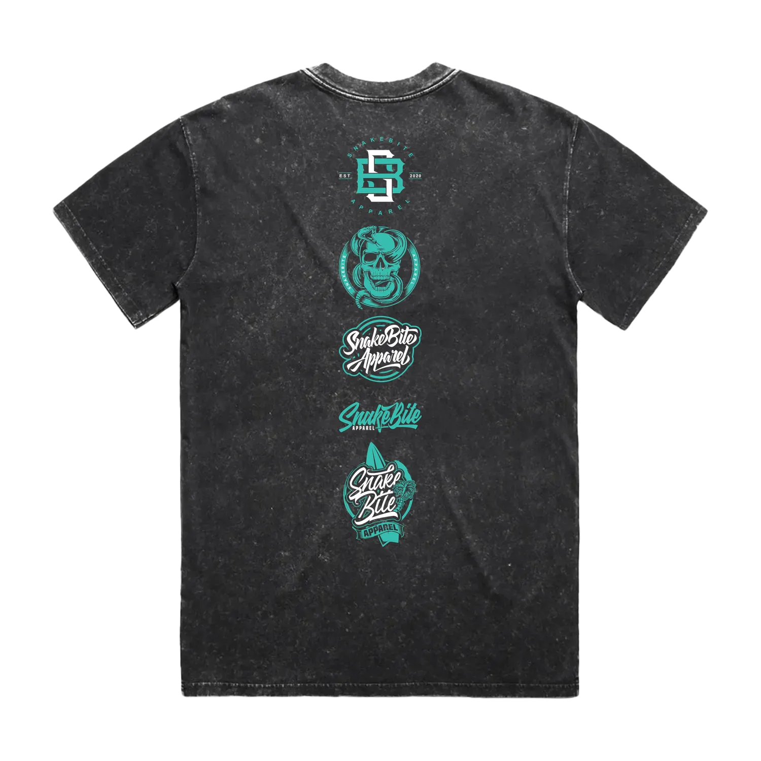 Black t-shirt with teal graphics and text on a white background
